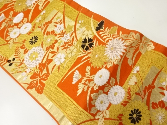 JAPANESE KIMONO / ANTIQUE FUKURO OBI / SILK / WOVEN FLORAL PLANTS